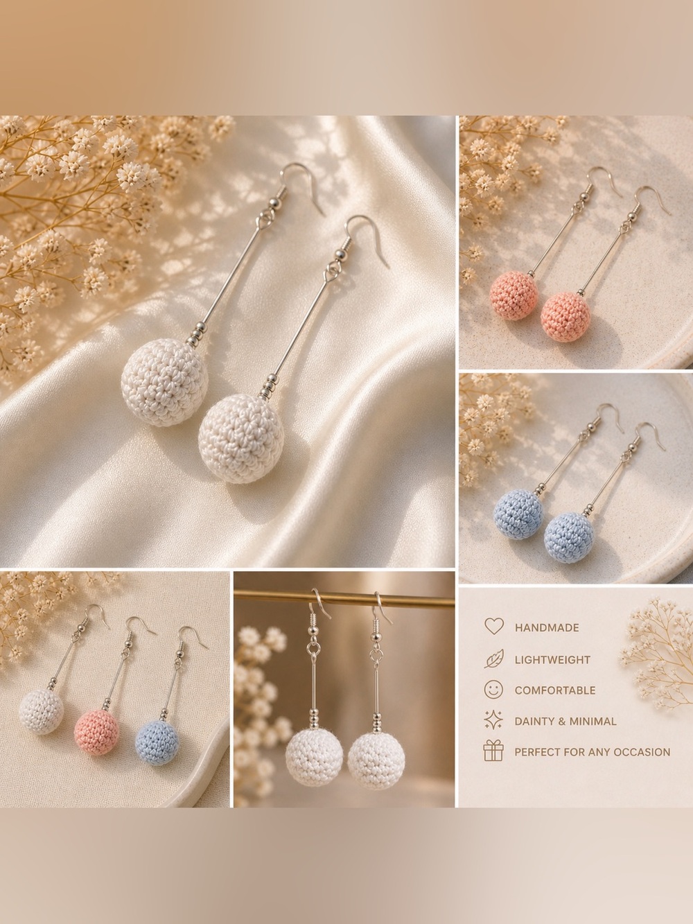 Handmade Crochet Ball Drop Earrings Dainty Minimalist Neutral Aesthetic Jewelry
